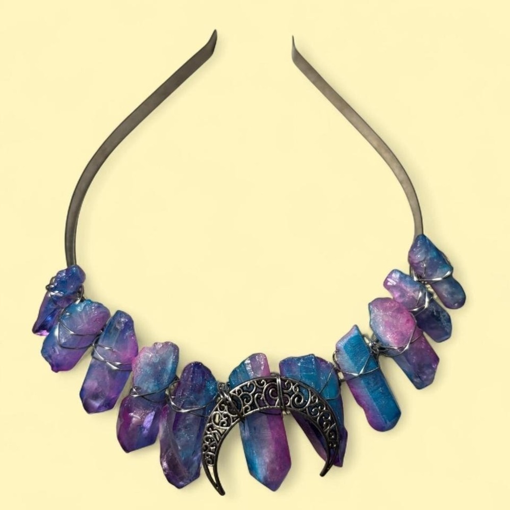 Boho Crystal Moon‎ Headband Purple Blue Quartz Wire Wrapped Statement Whimsical